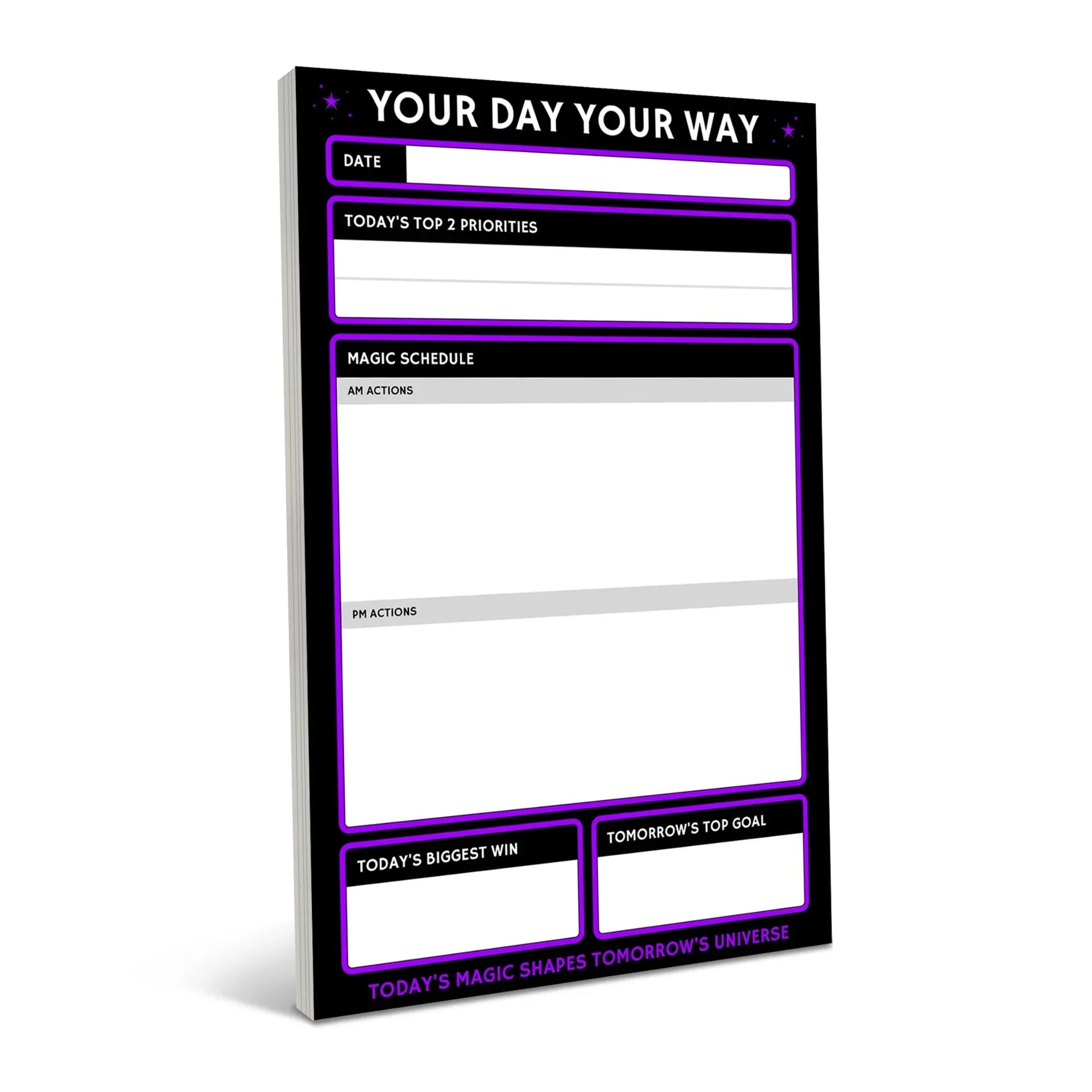 Black daily planner notepad with neon purple borders featuring sections for date, top priorities, magic schedule with AM and PM actions, today's biggest win, and tomorrow's top goal.